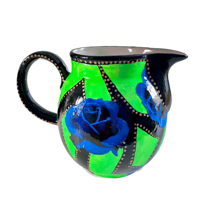 Neon Green Upcycled Pitcher/Vase - "Blue Roses" - by House of Frisson