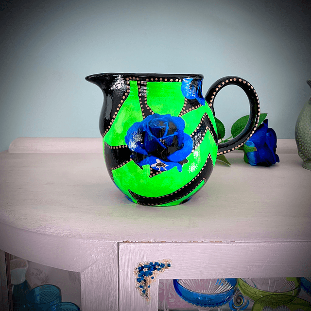 Neon Green Upcycled Pitcher/Vase - "Blue Roses" - by House of Frisson