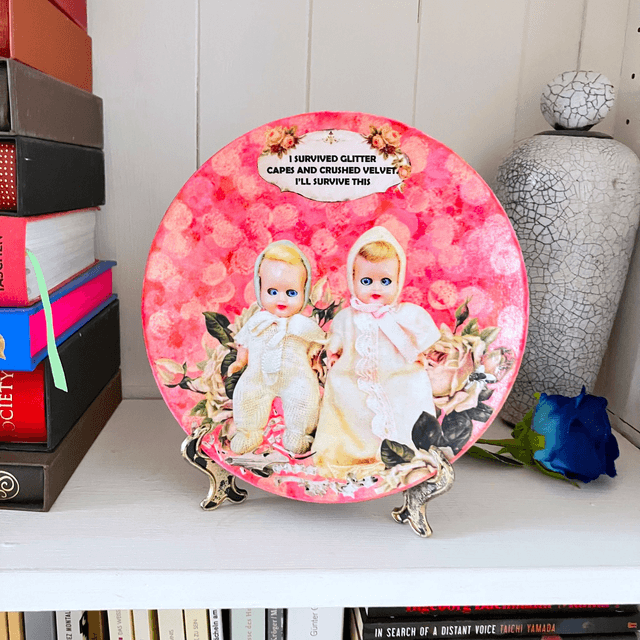 "I Survived Glitter Capes And Crashed Velvet. I'll Survive This" Peach Upcycled Wall Plate - House of Frisson