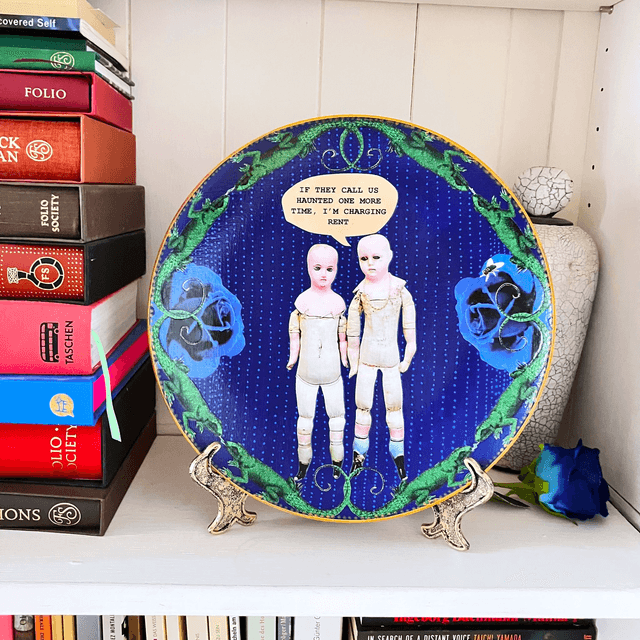 "If They Call Us Haunted One More Time, I'm Charging Rent" Blue Upcycled Wall Plate - House of Frisson