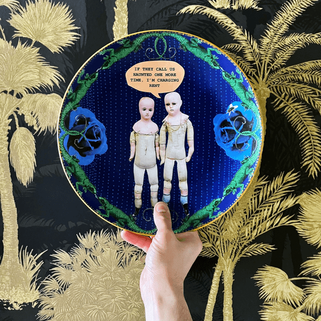 "If They Call Us Haunted One More Time, I'm Charging Rent" Blue Upcycled Wall Plate - House of Frisson