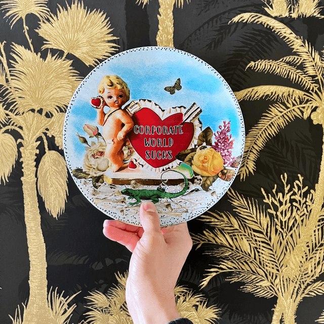 "Corporate World Sucks" Blue Upcycled Wall Plate - House of Frisson