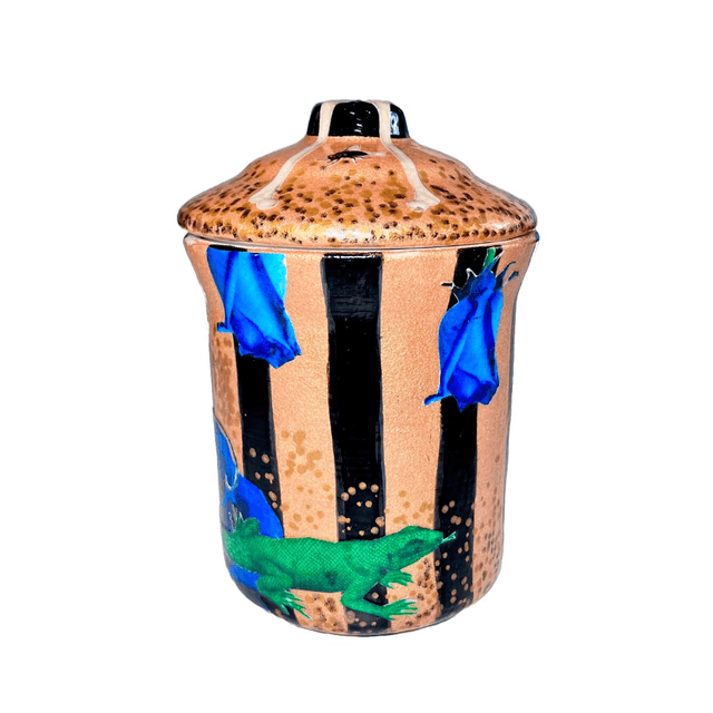 Gold Upcycled Jar - "Blue Roses and Lizard" - by House of Frisson