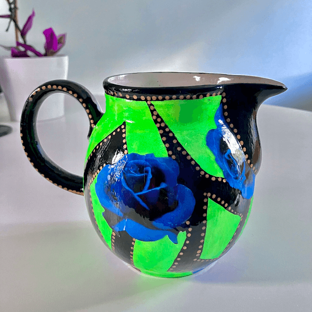 Neon Green Upcycled Pitcher/Vase - "Blue Roses" - by House of Frisson