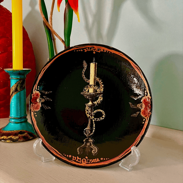 “Snake On Candlestick” Black Upcycled Wall Plate - House of Frisson