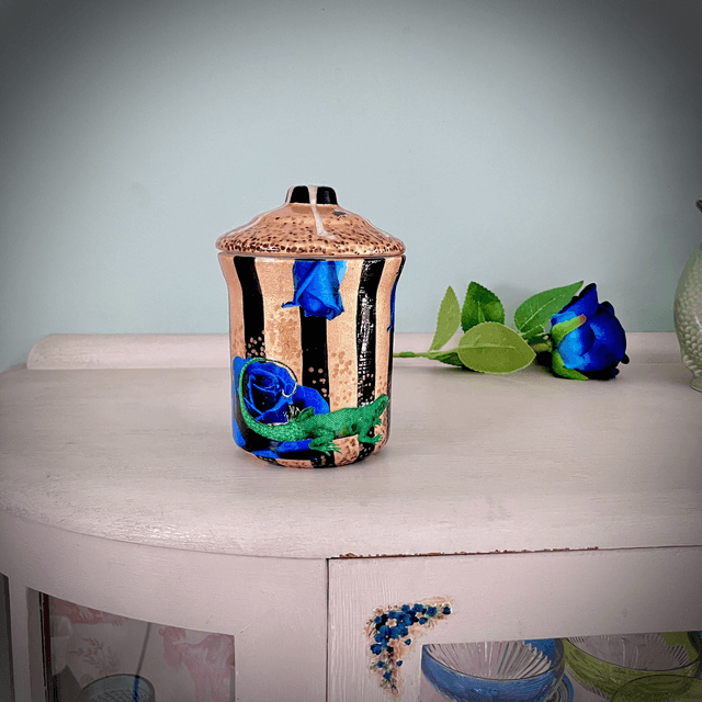 Gold Upcycled Jar - "Blue Roses and Lizard" - by House of Frisson