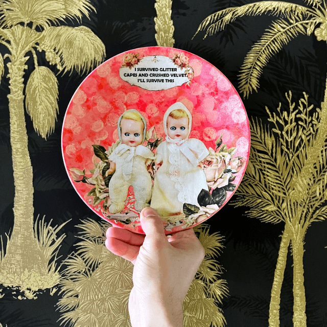 "I Survived Glitter Capes And Crashed Velvet. I'll Survive This" Peach Upcycled Wall Plate - House of Frisson