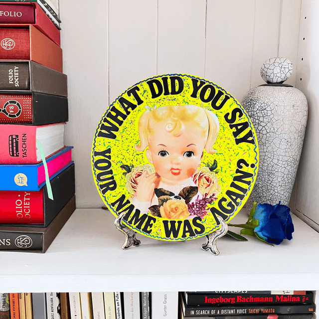 "What Did You Say Your Name Was Again?" Neon Lime Green Upcycled Wall Plate - House of Frisson
