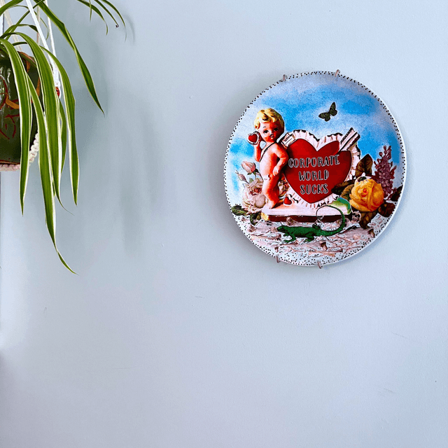 "Corporate World Sucks" Blue Upcycled Wall Plate - House of Frisson