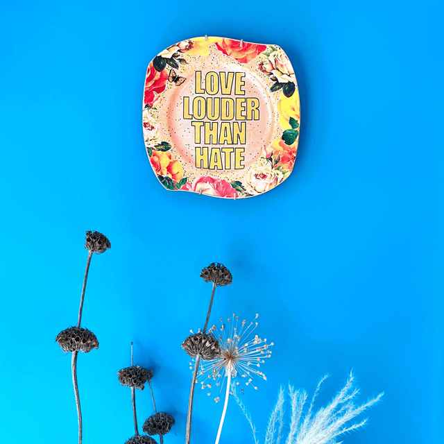 "Love Louder Than Hate" Peach Upcycled Wall Plate - House of Frisson