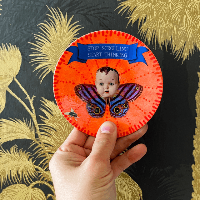 "Stop Scrolling Start Thinking" Neon Peach Upcycled Trinket Dish by House of Frisson