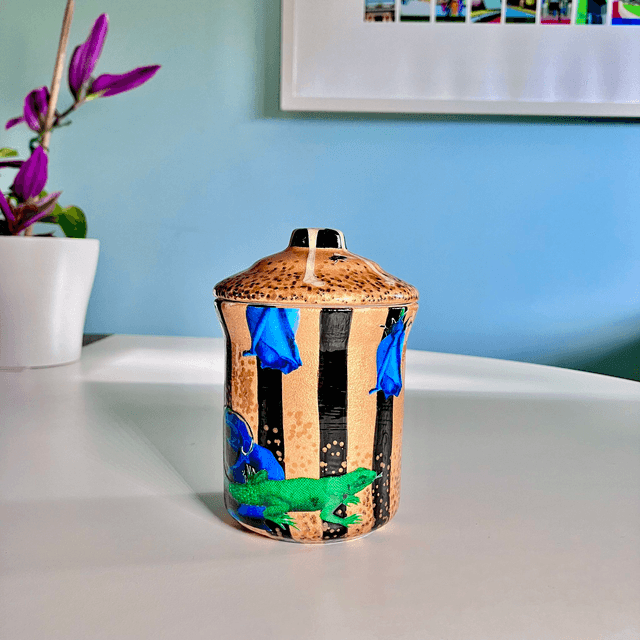 Gold Upcycled Jar - "Blue Roses and Lizard" - by House of Frisson