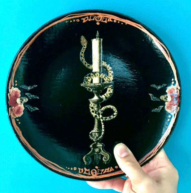 “Snake On Candlestick” Black Upcycled Wall Plate - House of Frisson