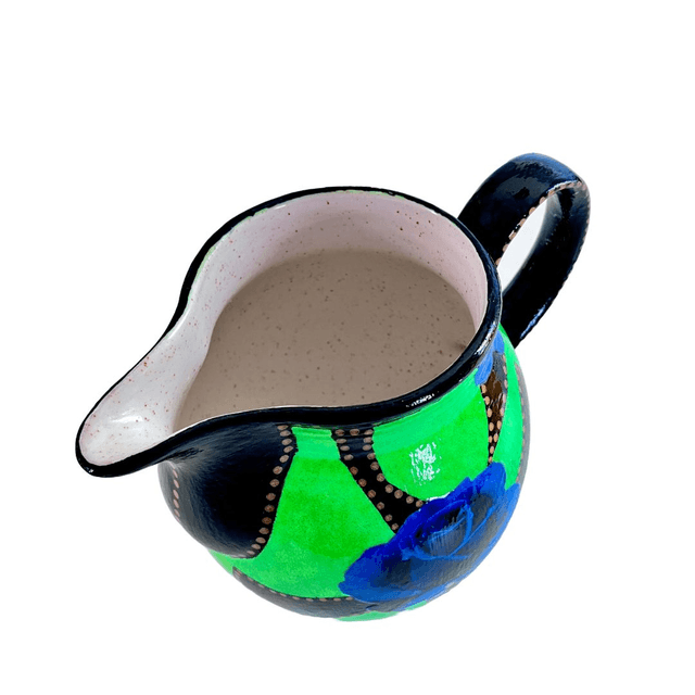 Neon Green Upcycled Pitcher/Vase - "Blue Roses" - by House of Frisson