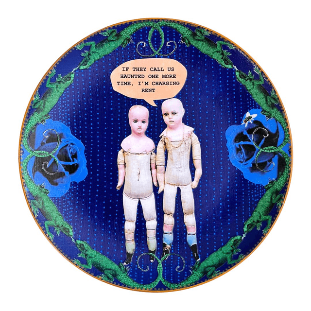 "If They Call Us Haunted One More Time, I'm Charging Rent" Blue Upcycled Wall Plate - House of Frisson