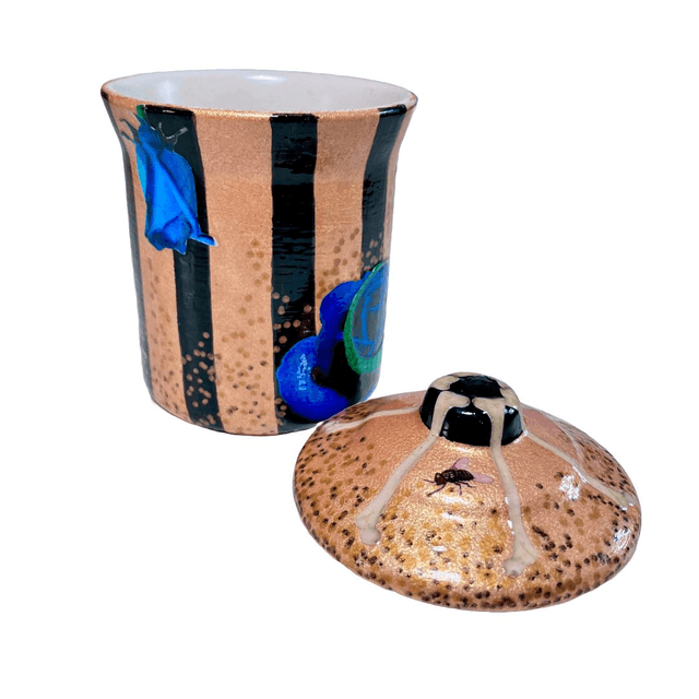 Gold Upcycled Jar - "Blue Roses and Lizard" - by House of Frisson