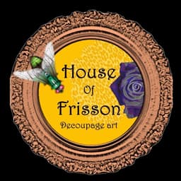 House of Frisson's logo. One-of-a-kind collage and illustrations on upcycled ceramics and a range of giftware featuring House of Frisson's unique designs.