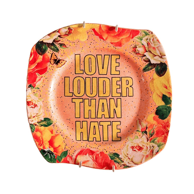 &quot;Love Louder Than Hate&quot; Peach Upcycled Wall Plate - House of Frisson