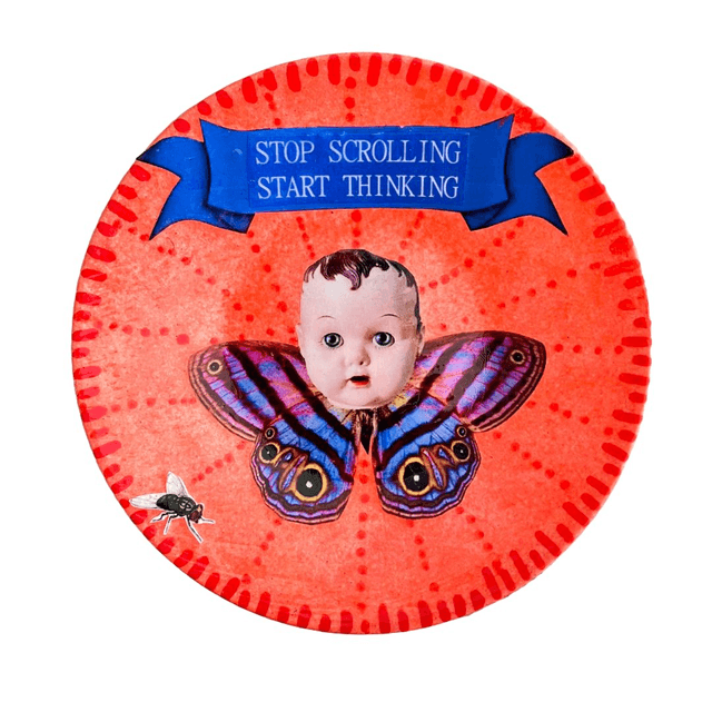 &quot;Stop Scrolling Start Thinking&quot; Neon Peach Upcycled Trinket Dish by House of Frisson
