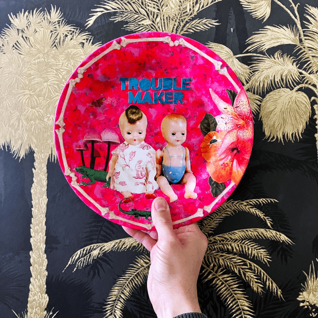 "Trouble Maker" Neon Pink Upcycled Wall Plate - House of Frisson