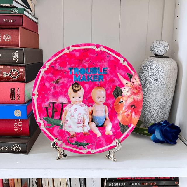 "Trouble Maker" Neon Pink Upcycled Wall Plate - House of Frisson